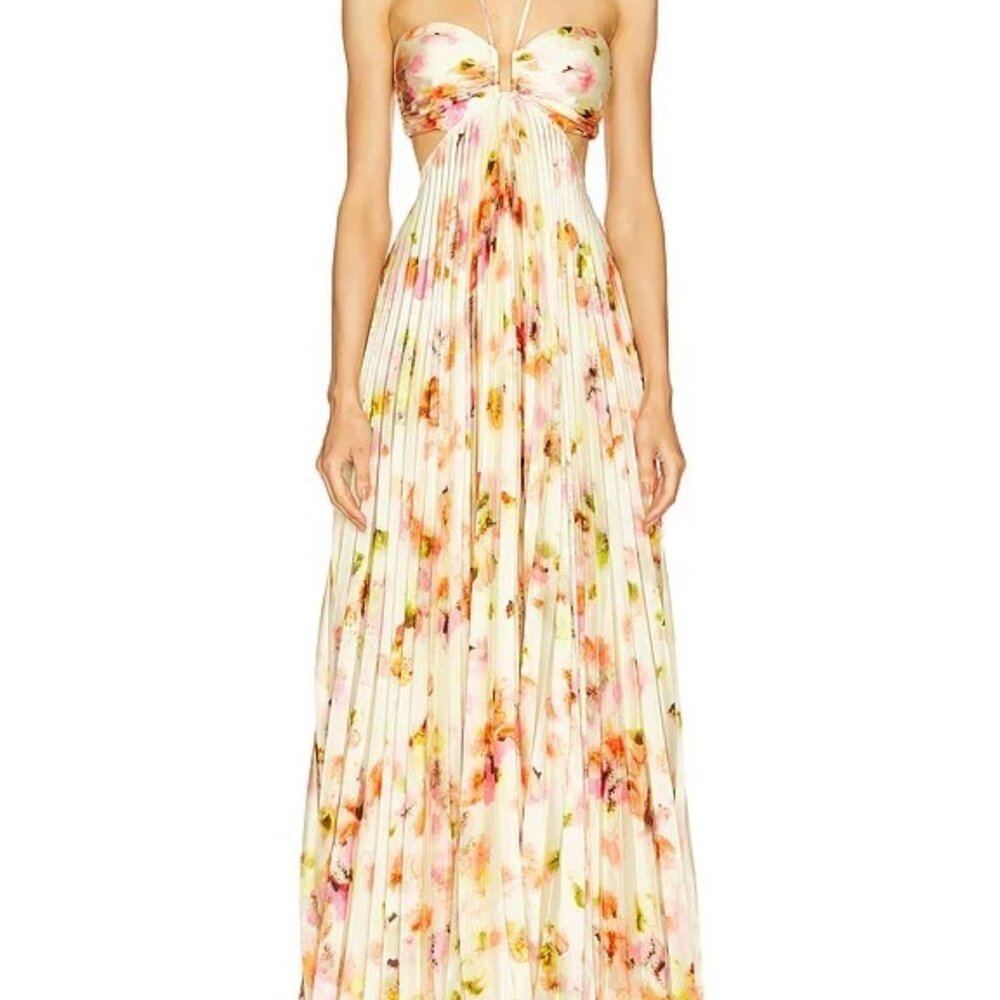 FABRIC  From A.L.C. FLORAL SATIN PLEATED MOIRA MAXI DRESS YELLOW MULTI